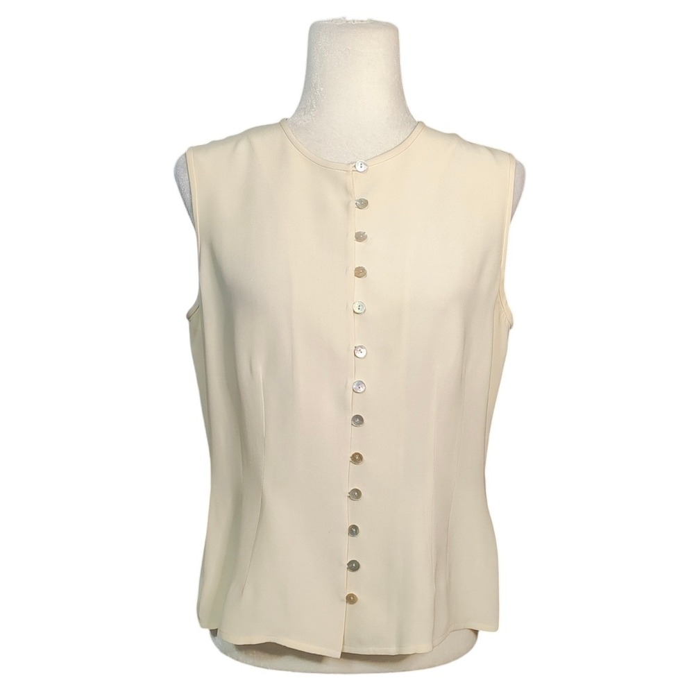 due per due 100% Silk Button Front Sleeveless Blouse Cream Quiet Luxury Work 10